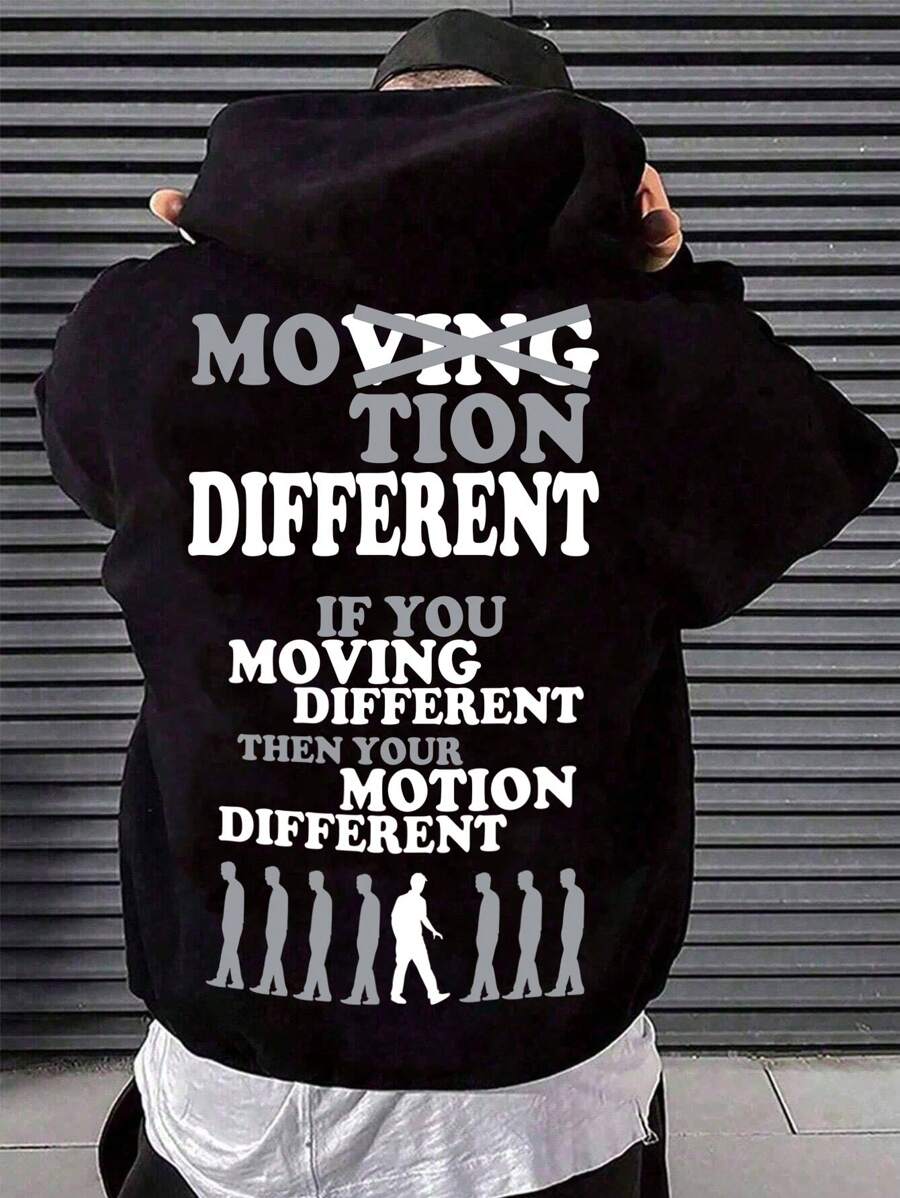 SHEIN Motion Different 如果您移动不同，您的 Motion Different 青少年男孩休闲简约卡通图案宽松厚连帽运动衫，适合秋冬季衣服背面 - 黑色 - 查看 1