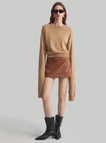 Ontre Camel High-End Springtime New Year Knitted Designer Round Neck Sweater With Extra Long Sleeves - Khaki - View 1