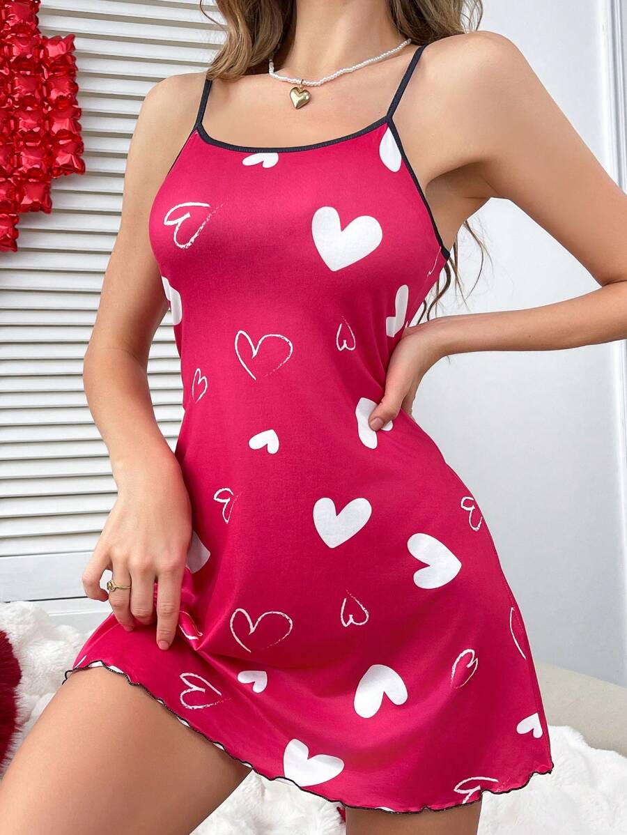 Heart Graphic Y2K Style Women's Slip Nightgown - Hot Pink - View 1
