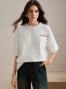 Anewsta Women's Elegant White Embroidered Casual T-Shirt Top, Spring/Summer