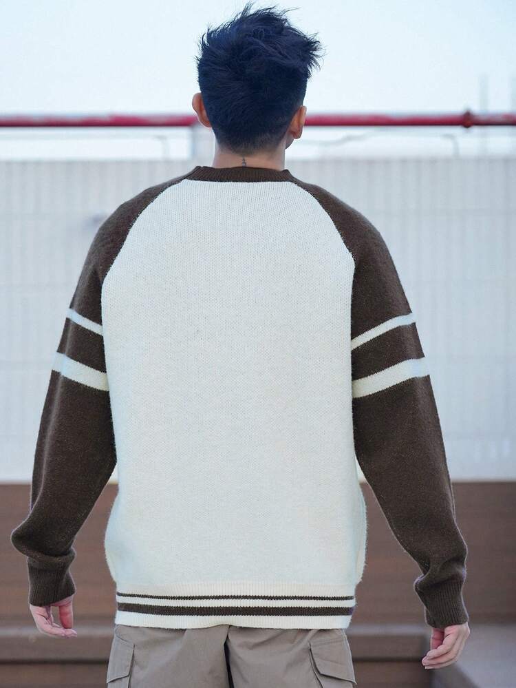Autumn Patchwork Contrast Color Letter Men Sweater