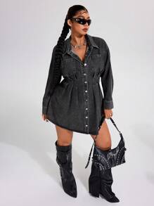 SHEIN ICON 大码休闲破洞褶饰前扣牛仔连衣裙 - 黑色 - 查看 5