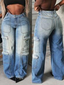 SHEIN Slayr Women's Casual Cargo Jeans Straight Pants - Blue - View 3