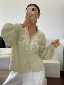 SHEIN Frenchy Women's Vacation Casual White Embroidered Front Placket Shirt