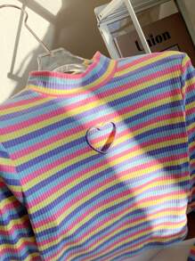 Comfortcana T-Shirt femme décontracté à col en cœur ajouré avec rayures bicolores