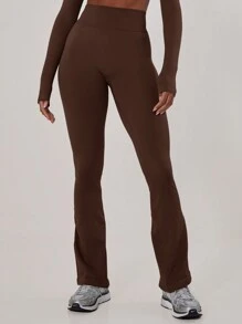 Musera Sport Ribbed Waist Flare Yoga Sports Trousers, Padel, Tennis, Pickleball Gym Fitness - Chocolate Brown - View 1