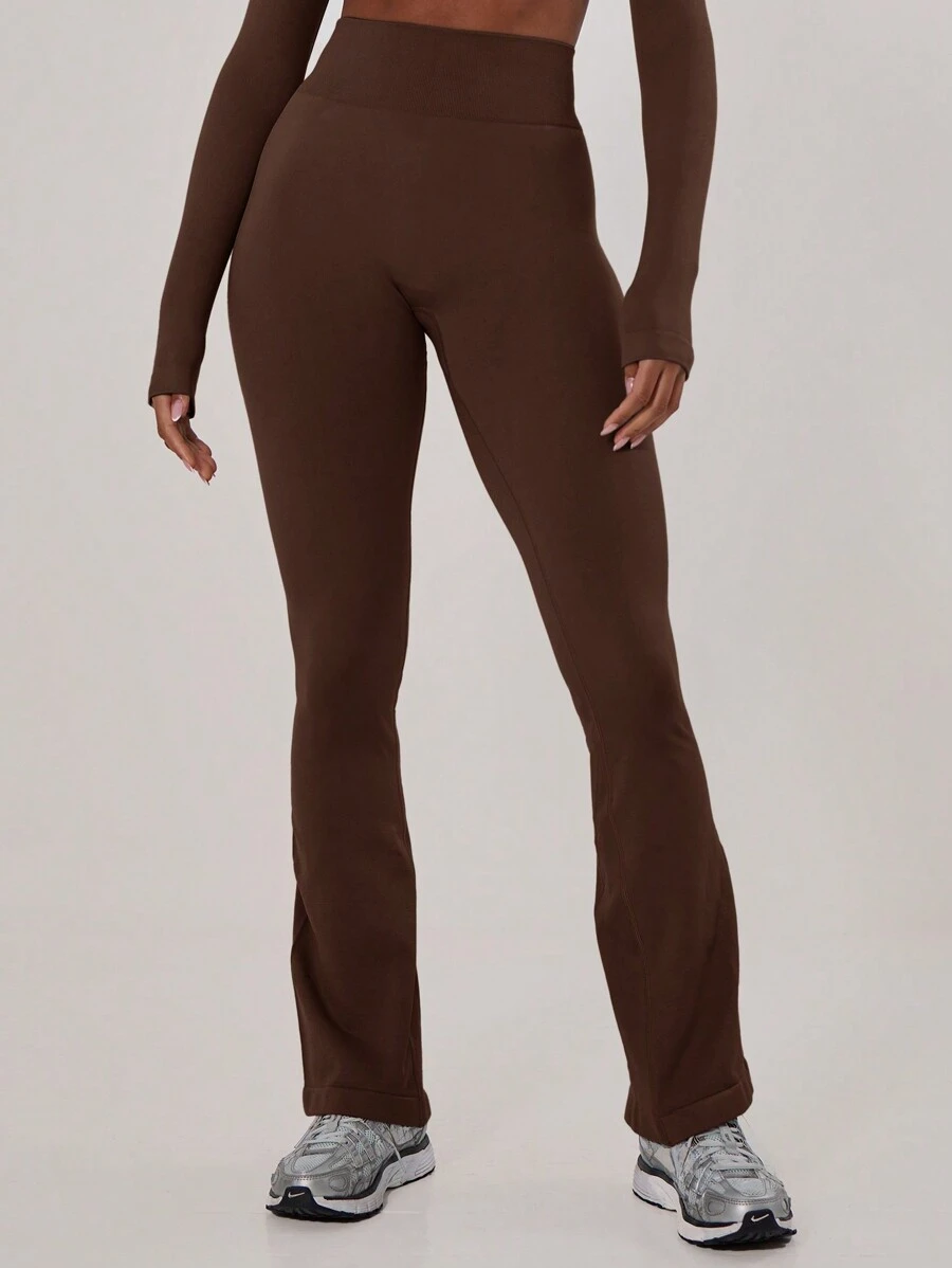 Musera Sport Ribbed Waist Flare Yoga Sports Trousers, Padel, Tennis, Pickleball Gym Fitness - Chocolate Brown - View 1