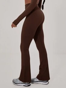 Musera Sport Ribbed Waist Flare Yoga Sports Trousers, Padel, Tennis, Pickleball Gym Fitness - Chocolate Brown - View 3