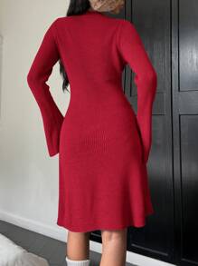 CovetEZ Women Short Solid Color Round Neck Long Sleeve Casual Dress