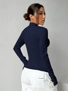 SHEIN EZwear 女式拉链轻便运动夹克，适合秋冬季跑步、健身、瑜伽 - 藏蓝色 - 查看 2