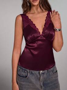 SHEIN BAE 女士性感酒红色蕾丝和缎子拼布简约吊带背心，适合约会之夜、闺蜜聚会、生日派对、鸡尾酒会、情人节、夜总会、节日派对 - 酒紅色 - 查看 4