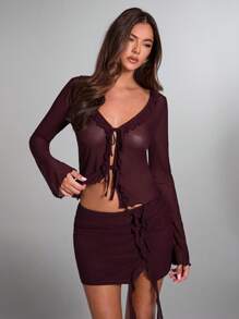SHEIN BAE Minifalda con volantes de color burdeos sólido para citas, reuniones de chicas, estilo callejero, discoteca, San Valentín, fiesta de festival