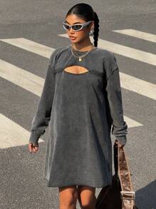 Muchica Women Crew Neck Long Sleeve Hollow Out Casual Short Dress - Black - View 6