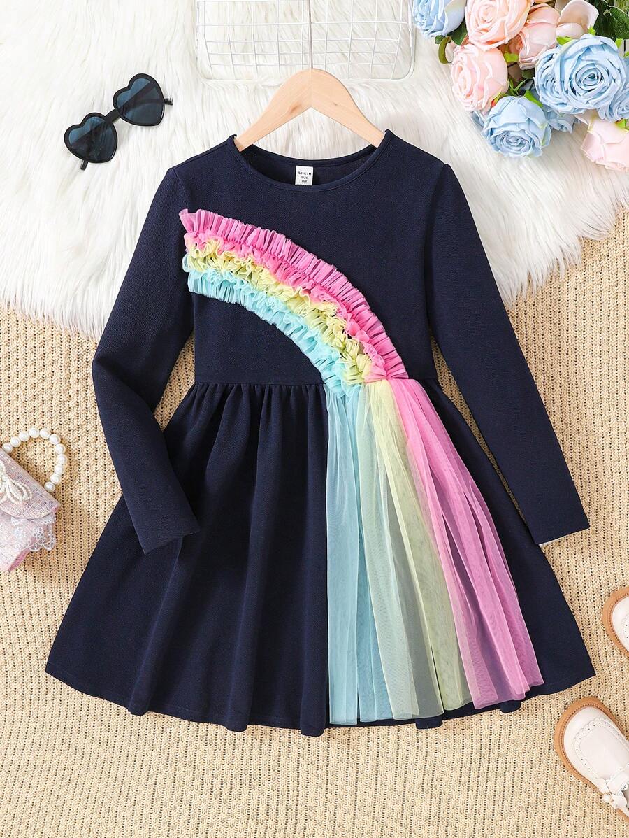 SHEIN Tween Girls Loose Casual Simple Comfortable Round Neck Sequin Panel Long Sleeve Dress - Black - View 1