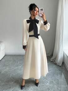 SHEIN Frenchy فستان طويل كاجوال قتامة صامتة مُلحمة بالدانتيل طويل الأكمام قصبة القزم، فستان طويل ذو رقبة ملثمة وأشرطة لطراز عربي، إطلالة المرأة