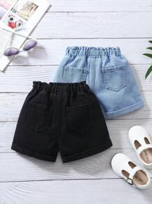 SHEIN 2pcs Baby Girl Denim Shorts Set, Blue & Black Color, Spring And Summer Casual Vacation Country Boho Wear, Beach Outfits