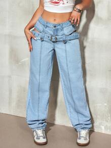 SHEIN EZwear Quần denim rách hở lưng thiết kế khóa cài cổ điển cho nữ - Rửa nhẹ - Xem 1