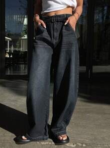 DAZY 破旧、水洗、褪色口袋设计女式牛仔裤 - 灰色 - 查看 4