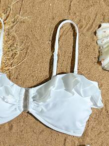 Swim Lushoire 新款女士纯色荷叶边可拆卸肩带性感修身泳衣套装，高端夏季海滩度假装 - 白色 - 查看 4