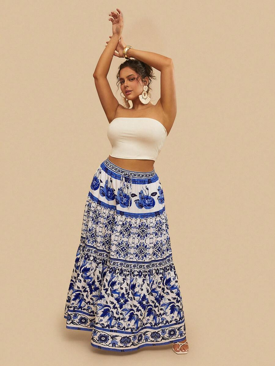 Travachic 大码女式蓝白花朵印花高腰宽松优雅长裙度假装、秋季女装、秋季女裙