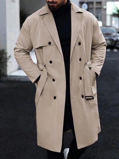 Manfinity Homme Men's Button Front Long Sleeve Pocket Simple Casual Trench Coat, Going Out Flannel Trench Coat, For Friends, Husband, Boyfriend Gifts, For Fall