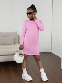 女童圆领长袖连衣裙，腰部侧镂空设计，简约百搭款式，适合休闲装、外出、情人节