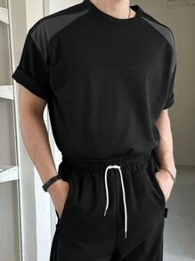 DAZY Men's Simple Color Block Patchwork T-Shirt,Fall Clothes - Black - View 2