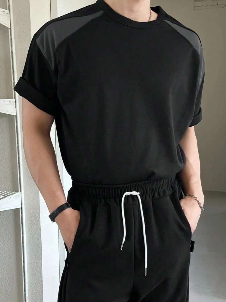 Men's Simple Color Block Patchwork T-Shirt,Fall Clothes