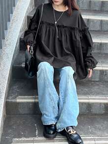 FRIFUL Women's Solid Color Round Neck Long Sleeve Frill Hem Loose T-Shirt, Autumn,Fall Women Clothes - Black - View 1