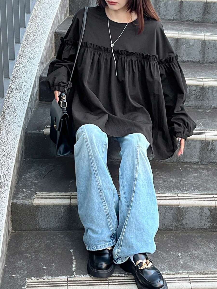 FRIFUL Women's Solid Color Round Neck Long Sleeve Frill Hem Loose T-Shirt, Autumn,Fall Women Clothes - Black - View 1