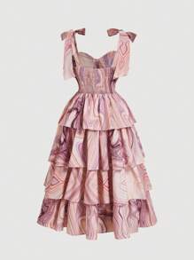 SHEIN MOD Vestido de talla grande con estampado ondulado rosa y moño multicapa, vestido de San Valentín
