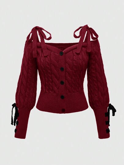 Kawaii Girls Cute And Sweet Tied Cuff Decorated Off Shoulder Puff Sleeve Cropped Cardigan For Women