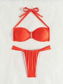 Ladies' Beach Sexy Tie Neck Shiny Fabric Pool Party Bikini Two-Piece Bikini Set Summer - Burnt Orange - View 6