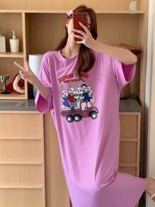 DAZY Rabbit Pattern Printed Loose T-Shirt Nightgown Pajama, Moo Moo - Purple - View 6