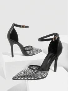 CUCCOO SZL Sandalias de tacón alto y con puntera de rhinestone y recortes calados para mujer, tacones altos formales negros para boda y fiesta, zapatos de primavera