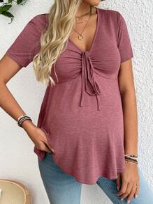 SHEIN Camiseta casual de manga corta con nudo delantero y unicolor para embarazadas