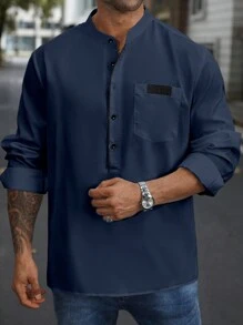 Manfinity Homme Plus Size Men's Contrast Color Long Sleeve Single-Breasted Pocket Casual Shirt, Autumn, Fall - Blue - View 3