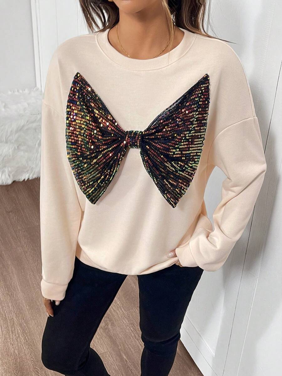 INAWLY Women's Bow Decor Crew Neck Long Sleeve Casual Pullover Sweatshirt Fall - Apricot - View 1