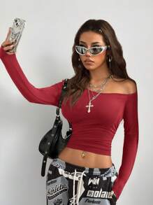 Coolane 女孩秋冬日常穿着必备针织弹力舒适不对称领口长袖上衣 - 酒紅色 - 查看 4