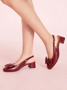 CUCCOO DOLLMOD 女士可爱蝴蝶结圆头粗跟鞋时尚舒适甜美优雅休闲百搭红色和深红色穆勒高跟鞋，适合约会、校服、可爱装扮 - 復古紅色 - 查看 4