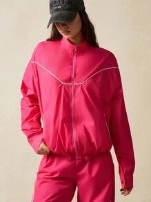 VARSITIE 亮粉色宽松休闲拉链长袖女士户外夹克 - 玫紅色 - 查看 6