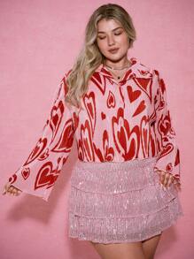SHEIN EZwear Camicetta corta a cuori, adatta a taglie forti, per la Festa di San Valentino - Rosa - Visualizzare 3