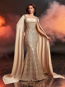 Glamrae Elegant & Luxury Champagne Sequin Patchwork Satin Wrap Collar Pleated Draped Batwing Mermaid Hem Floor-Length Formal Gown, Suitable For Various Occasions, Wedding Guest Dress