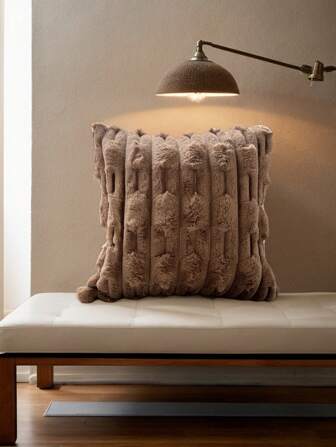 1 pieza Funda de cojín de lujo de piel sintética, sin relleno, suave, esponjosa y a rayas, 18"X18", lavable a máquina, con cremallera, cuadrada, para sofá, sala de estar, decoración, estilo moderno