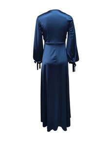 Solid Color Long Sleeve Simple Casual Long Maxi Arabian Dress, Modest - Navy Blue - View 3