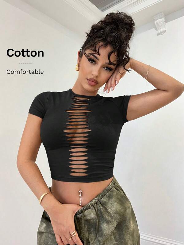 SHEIN BAE Top strâns kaki, învechit, de culoare uni, stil Waste Land, îmbrăcăminte de primăvară și vară, haine de festival de muzică, haine de concert, îmbrăcăminte zilnică, îmbrăcăminte versatilă, ținută de concert country