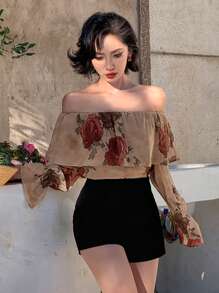 DAZY Blusa de mujer con hombros descubiertos y mangas con diseño de pezuña de caballo, con volantes, top con hombros descubiertos