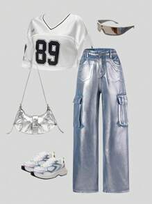 SHEIN Pantalones cargo plateados metálicos de estilo ciberpunk futurista con múltiples bolsillos 3D para adolescentes chicas