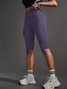 Powerista 无缝高腰口袋运动短裤，纯色