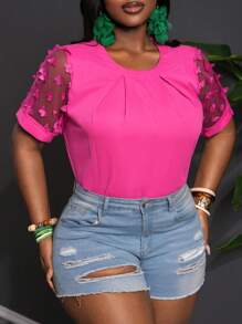 Slaydiva Plus Size Summer Elegant & Commute & Party Loose Solid Rose Red Short Sleeve Mesh Butterfly Appliques Blouse, Spring/Autumn - Hot Pink - View 5